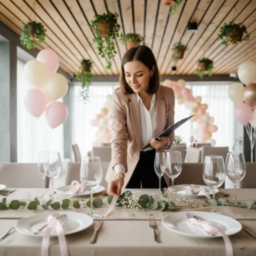 Professional female event planner arranging elegant, budget-friendly table decor with pastel pink and gold balloons, eucalyptus, and wine glasses in a modern venue for a blog on cost-effective events.