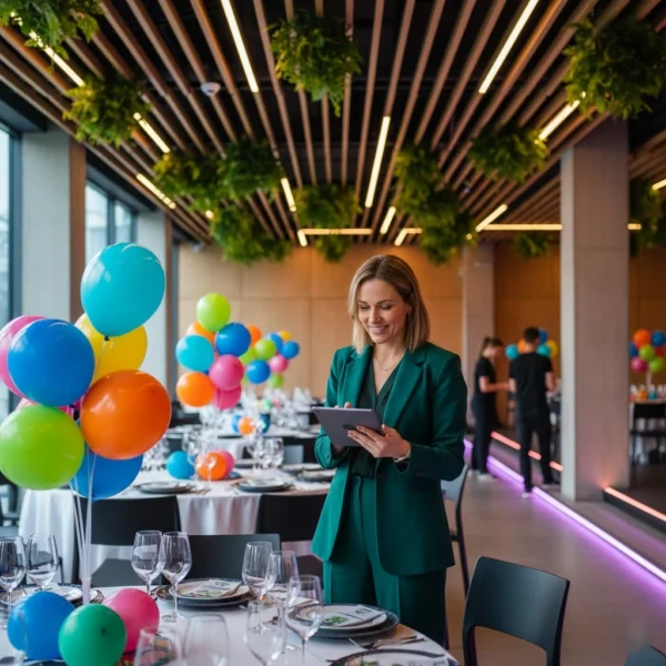 Professional female event planner with tablet organizing a modern party venue setup with vibrant balloons, elegant table settings, and green decor, showcasing 2025 event trends.